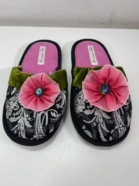 Huntington Velvet Slippers Women's 6 Paisley Print Floral Green Boho Whimsigoth